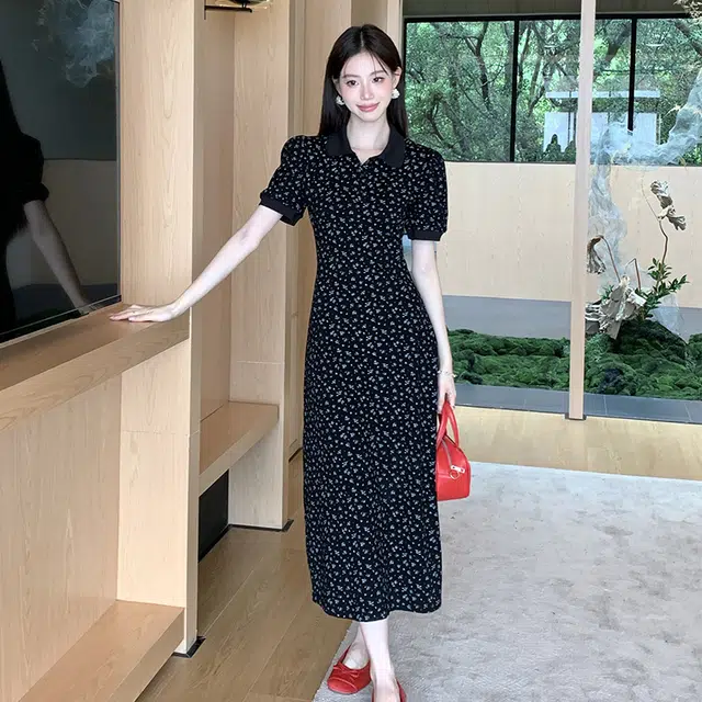 果瑱 法式复古优雅气质性感精致高端名媛时尚翻领小个子设计感休闲舒适百搭显瘦收腰减龄短袖连衣裙 女款