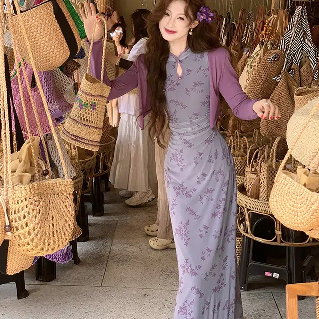 果瑱 新中式碎花弹力网纱旗袍气质夏日旅游度假文艺风氛围感韩系甜美无袖连衣裙 女款