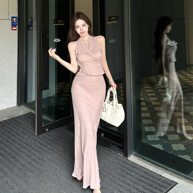 果瑱 法式复古轻奢修身显瘦千金大小姐乖乖女穿搭舒适时尚无袖上衣百搭气质裙子纯色高级感小众设计宴会约会穿搭裙装套装 女款
