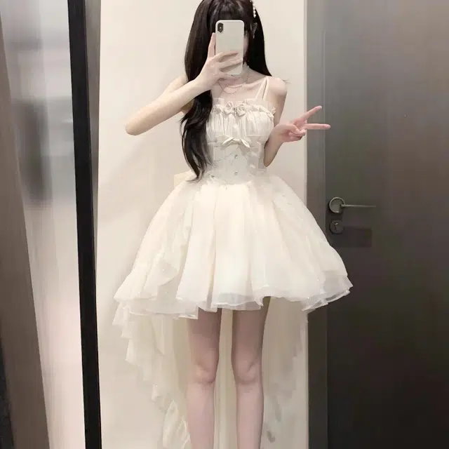 果瑱 法式高级感性感辣妹穿搭洛丽塔绝美蝴蝶结细闪网纱拖尾气质优雅浪漫梦幻高贵精致温柔甜美蓬蓬裙公主感礼服吊带连衣裙萝莉装 女款