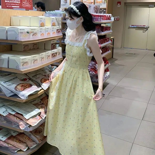 果瑱 法式夏日多巴胺甜美日系小个子波点收腰网红显瘦度假长裙学院风小众设计感元气少女穿搭减龄可爱无袖连衣裙 女款