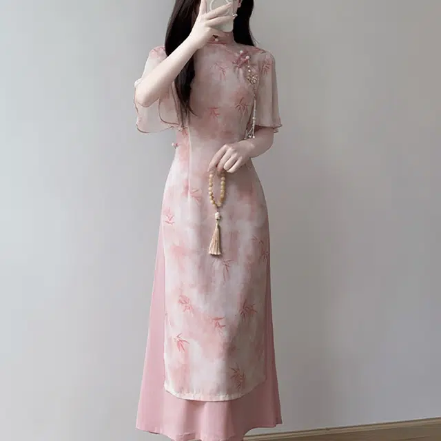果瑱 优雅气质改良旗袍小清新初恋新中式改良奥黛旗袍年轻款少女雪纺日常超仙设计感减龄可爱惊艳绝美修身收腰舒适短袖连衣裙 女款