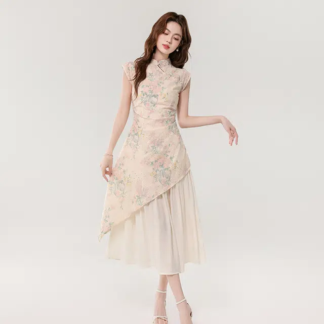 果瑱 新中式温婉优雅不规则设计假两件印花刺绣通勤度假高端国风改良旗袍短袖连衣裙 女款
