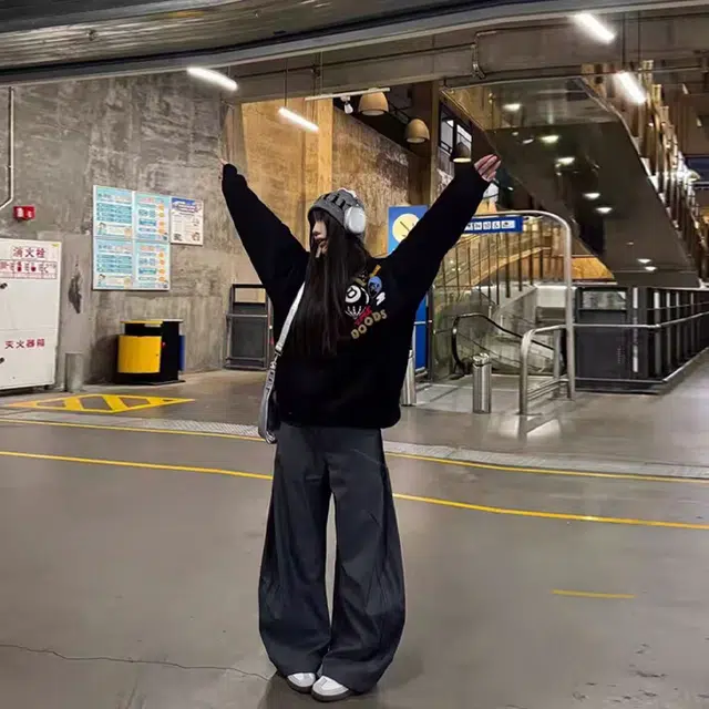 果瑱 美式复古高级感字母刺绣连帽宽松百搭卫衣 男女同款 黑色