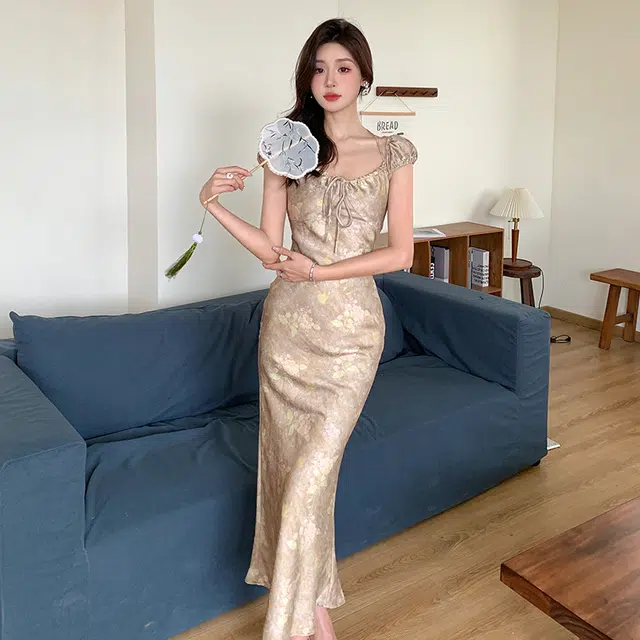 果瑱 新中式甜美少女穿搭极简主义法式复古设计感修身舒适长款短袖连衣裙 女款