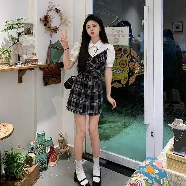 果瑱 学院风小众设计感开学季毕业季日常出游穿搭韩系假两件格子拼接衬衫裙小众高级别致短袖连衣裙 女款