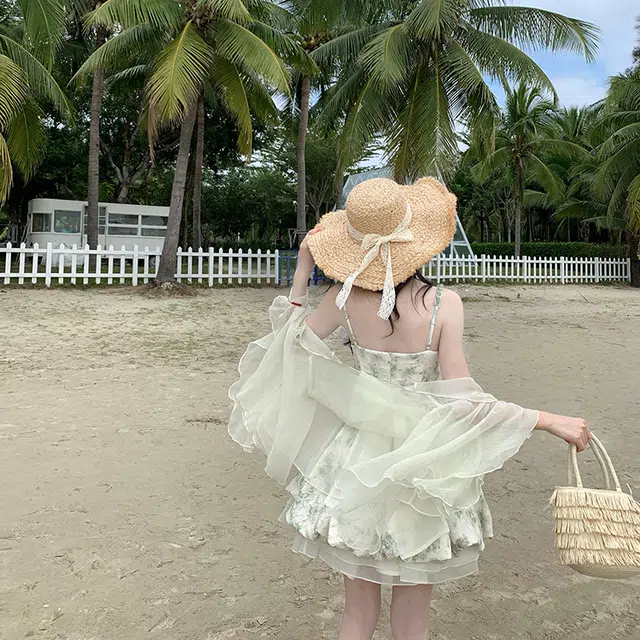 果瑱 法式甜美晕染印花收腰大蝴蝶结花苞公主吊带清新减龄独特漂亮显瘦遮肉夏季吊带碎花连衣裙短裙搭配薄开衫防晒裙装套装 女款