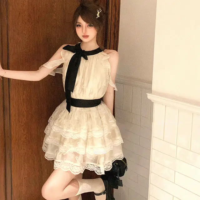 果瑱 天鹅之梦大摆复古千金风蝴蝶结盛宴甜美蕾丝拼接设计感蓬蓬裙短款无袖连衣裙 女款 白色（升级版）