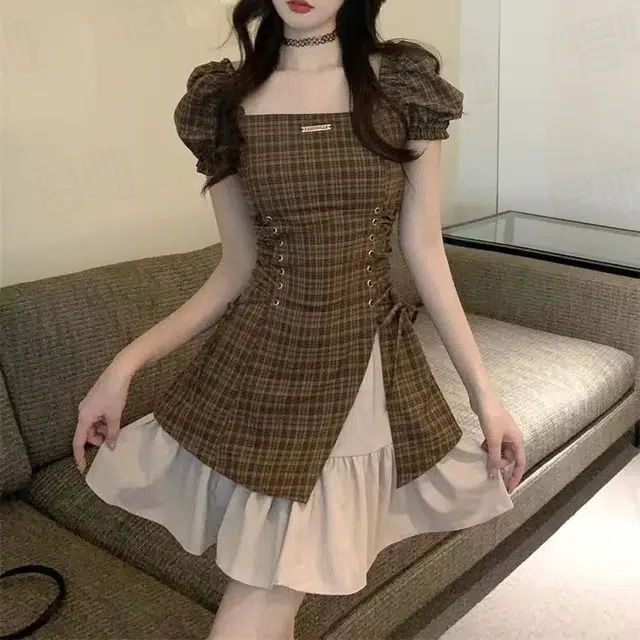 果瑱 学院风小众设计感开学季毕业季日常出游穿搭纯欲辣妹法式拼接假两件方领格子设计感显瘦短裙短袖连衣裙 女款
