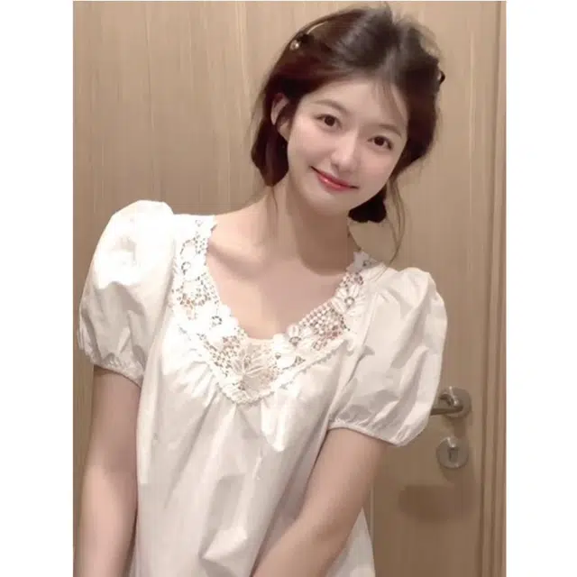 果瑱 乖乖女穿搭甜美少女极简主义学院风可爱俏皮元气减龄蕾丝边拼接泡泡袖宽松简约短款短袖连衣裙 女款