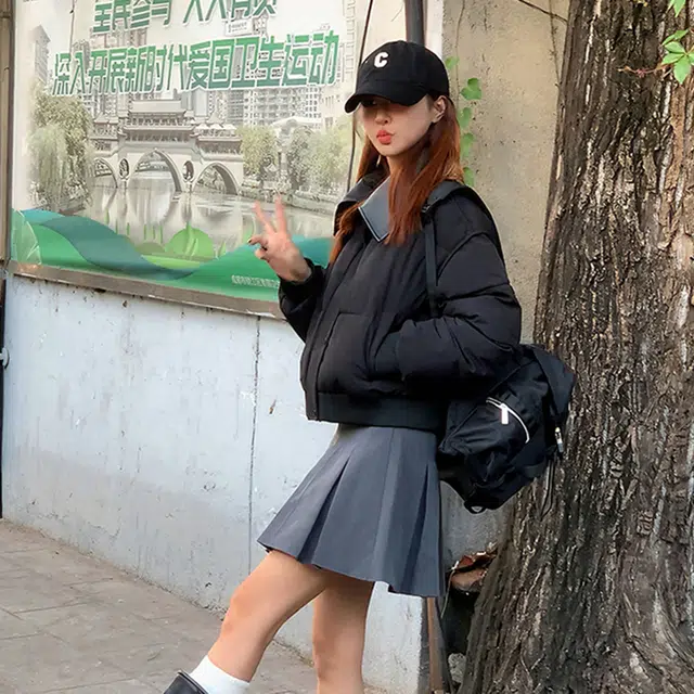 果瑱 短款韩版拼接小个子面包服冬季加厚外套棉服 男女同款 黑色