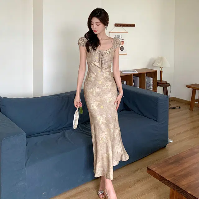 果瑱 新中式甜美少女穿搭极简主义法式复古设计感修身舒适长款短袖连衣裙 女款