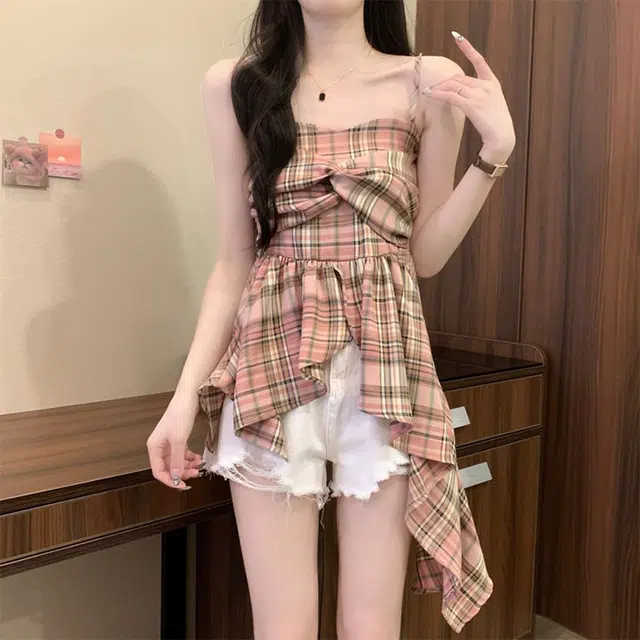 果瑱 百搭洋气不规则撞色格子可爱甜美简约日常通勤美式复古百搭时尚舒适气质优雅吊带连衣裙 女款