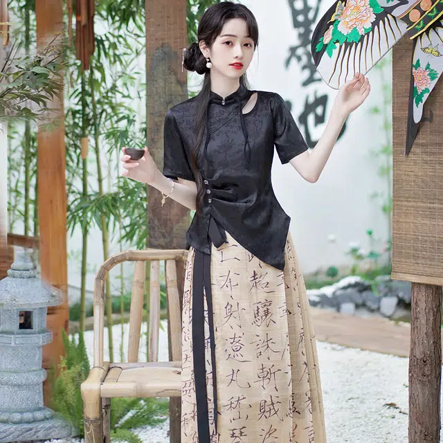 果瑱 前后两穿千字文明制日常漂亮简约大方套装衬裙小众设计感甜美少女穿搭汉服 女款