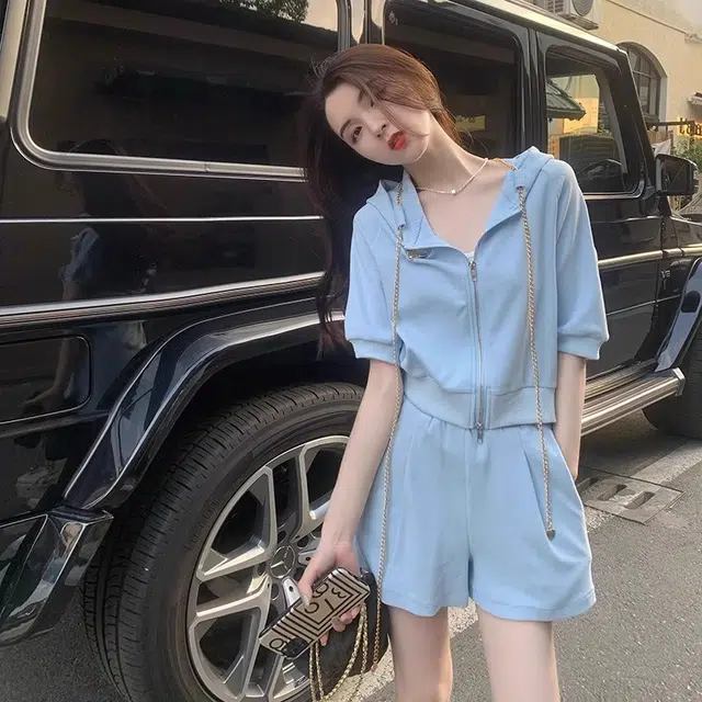 果瑱 韩系小清新清纯甜美户外运动夏显瘦小个子洋气时髦短袖短裤盐系炸街简约时尚独特小众别致大方休闲套装 女款