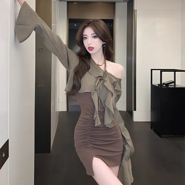 依钗 韩版小众纯欲风修身纯色长袖时尚百搭设计感裙装裙装套装 女款