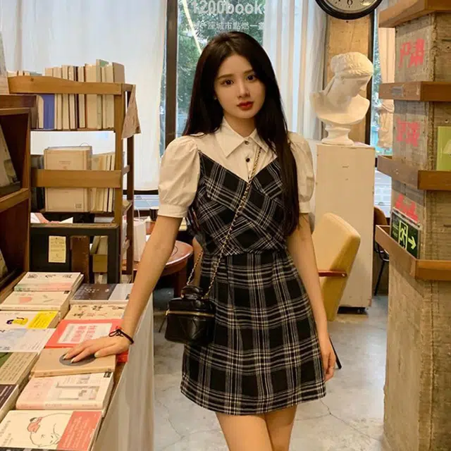 果瑱 学院风小众设计感开学季毕业季日常出游穿搭韩系假两件格子拼接衬衫裙小众高级别致短袖连衣裙 女款