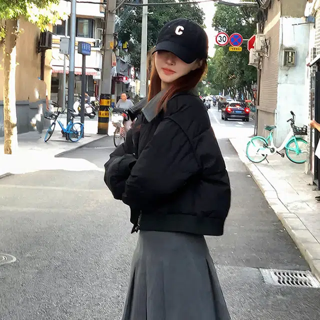 果瑱 短款韩版拼接小个子面包服冬季加厚外套棉服 男女同款 黑色