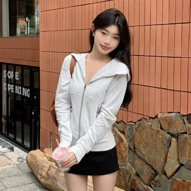 果瑱 美式复古小众连帽开衫通勤长袖卫衣 女款 灰色