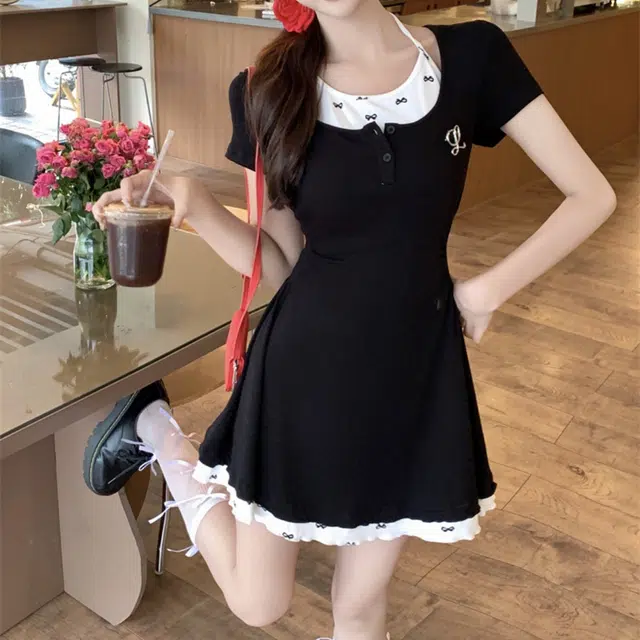 果瑱 舒适时尚通勤简约百搭短袖连衣裙 女款