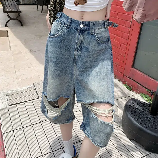 果瑱 高街美式辣妹潮流随性穿搭前后破洞做旧水洗宽松高腰直筒显瘦阔腿子夏季户外休闲牛仔裤 女款