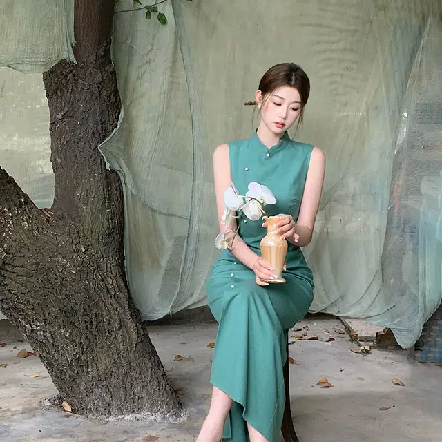 果瑱 新中式国风青丝民国风改良旗袍女夏复古千金风质感穿搭高级感性感辣妹穿搭长裙小众不撞款收腰显瘦海岛度假穿搭无袖连衣裙 女款