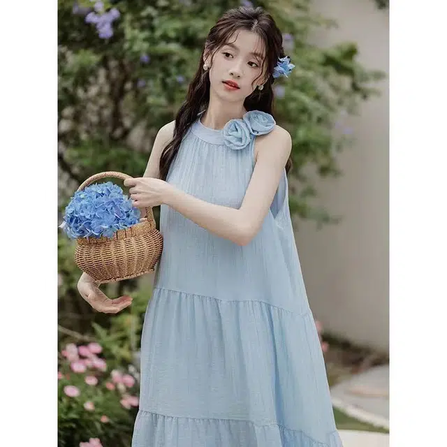 果瑱 夏装法式气质挂脖纯色高个子显瘦初恋别致长裙子海岛度假穿搭慵懒风温柔软糯舒适百搭风格无袖连衣裙 女款