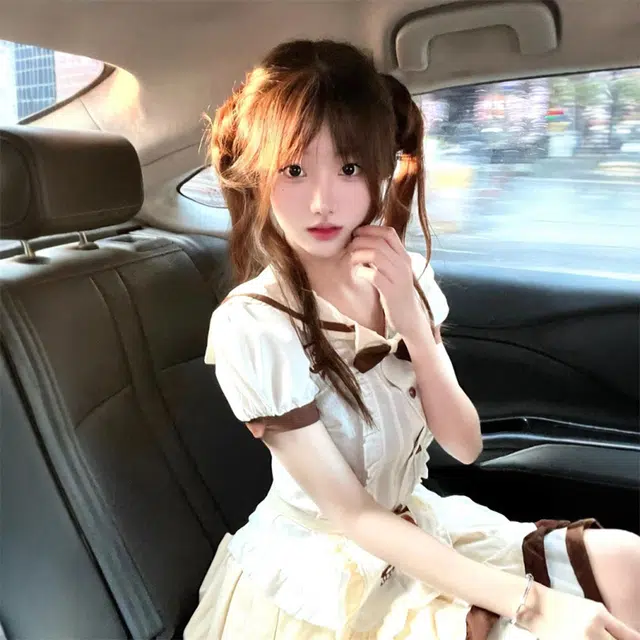 果瑱 少女芭蕾风蕾丝花边蝴蝶结高腰甜美软妹可爱小熊撞色拼接泡泡袖上衣围裙奶油布丁荷叶边上衣蛋糕蓬蓬裙装套装 女款