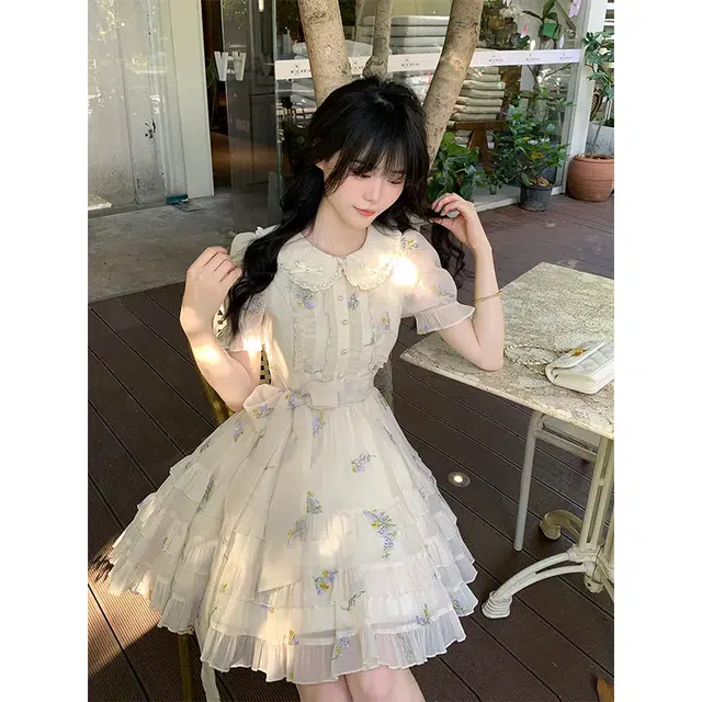 果瑱 日系可爱娃娃领碎花夏日气质甜美小个子仙女风温柔浪漫初恋收腰显瘦高级设计感少女裙子短袖连衣裙 女款