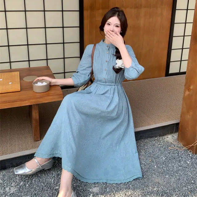 果瑱 文艺范新中式甜美少女穿搭极简主义提花风琴褶七分袖立领花边裙摆舒适简约中长款裙子短袖连衣裙 女款