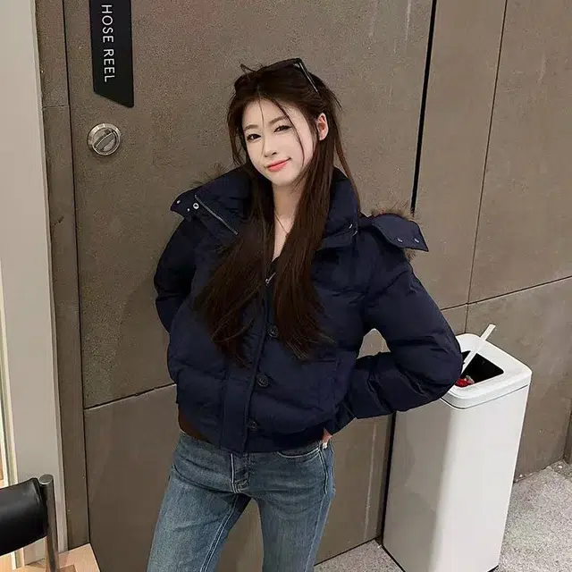 果瑱 连帽舒适长袖百搭短款棉服 男女同款 藏蓝色