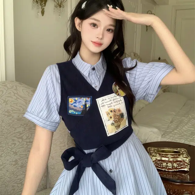 果瑱 学院风小众设计感日常出游绑带设计感马甲上衣气质甜美短袖连衣裙 女款