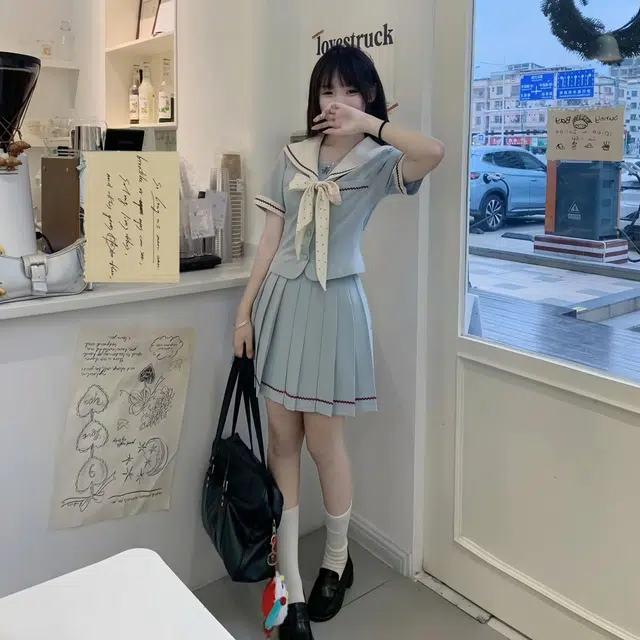 果瑱 学院风小众设计感海军领上衣短袖高腰百褶裙裙装套装 女款