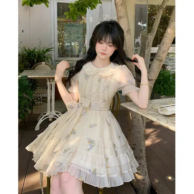 果瑱 日系可爱娃娃领碎花夏日气质甜美小个子仙女风温柔浪漫初恋收腰显瘦高级设计感少女裙子短袖连衣裙 女款
