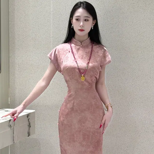 果瑱 新中式国风长裙收腰显瘦高级感立领提花缎面改良旗袍甜美少女穿搭极简主义短袖连衣裙 女款