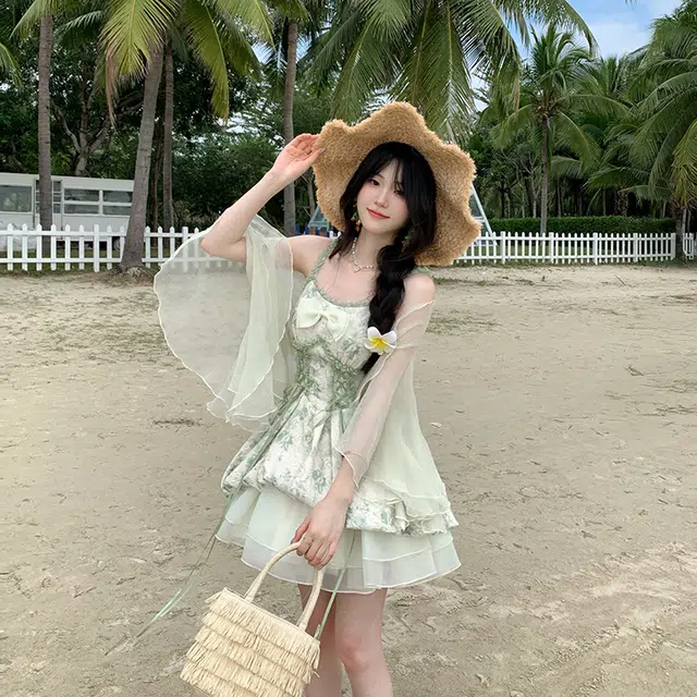果瑱 法式甜美晕染印花收腰大蝴蝶结花苞公主吊带清新减龄独特漂亮显瘦遮肉夏季吊带碎花连衣裙短裙搭配薄开衫防晒裙装套装 女款