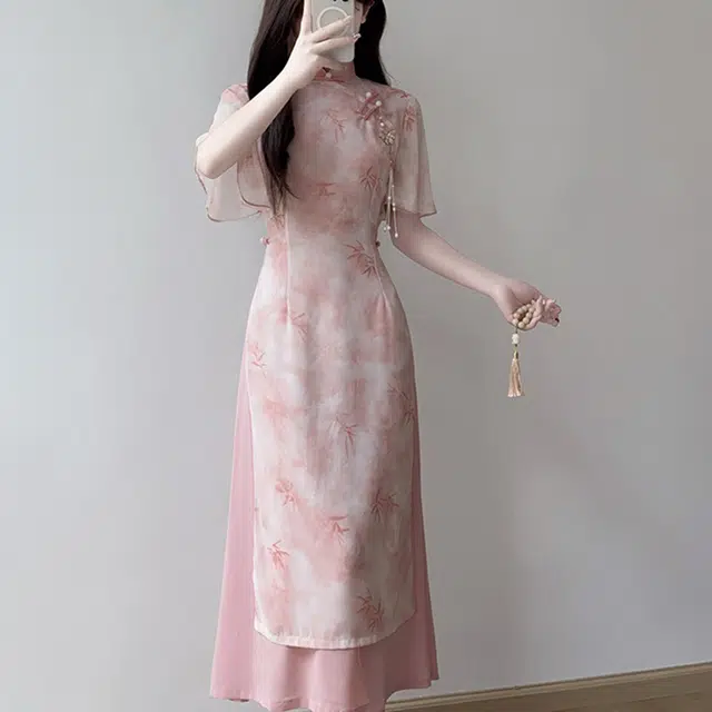 果瑱 优雅气质改良旗袍小清新初恋新中式改良奥黛旗袍年轻款少女雪纺日常超仙设计感减龄可爱惊艳绝美修身收腰舒适短袖连衣裙 女款