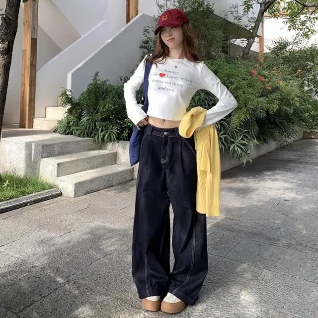 果瑱 高街美式潮流个性穿搭明线小众设计宽松显瘦舒适休闲长款拖地阔腿裤女小个子梨形身材复古牛仔裤 女款