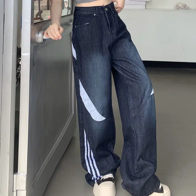果瑱 小众美式复古怀旧运动风侧边三条杠拼接设计阔腿裤女甜酷辣妹工装裤直筒裤高腰显瘦百搭休闲个性潮流户外牛仔裤 女款