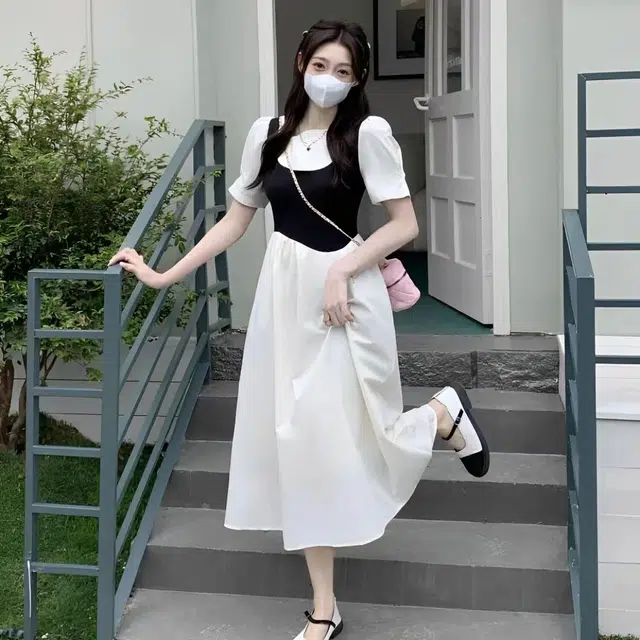 果瑱 甜美少女小众设计高级感泡泡袖拼接假两件圆领收腰显瘦合身简约风格短袖连衣裙 女款