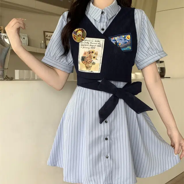 果瑱 学院风小众设计感日常出游绑带设计感马甲上衣气质甜美短袖连衣裙 女款