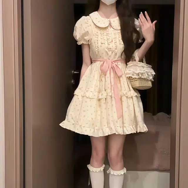 果瑱 温柔甜美高级设计感乖乖女穿搭法式复古氛围感日常通勤小个子碎花花色气质百搭时尚休闲短袖连衣裙 女款