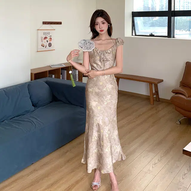 果瑱 新中式甜美少女穿搭极简主义法式复古设计感修身舒适长款短袖连衣裙 女款