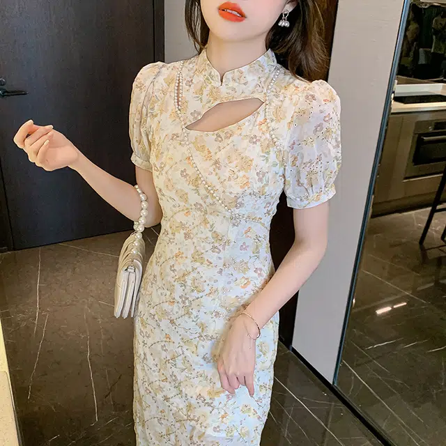 果瑱 新中式甜美穿搭极简主义小清新旗袍学院风元气穿搭文艺改良日常可穿年轻款少女小众收腰显瘦碎花短袖连衣裙 女款