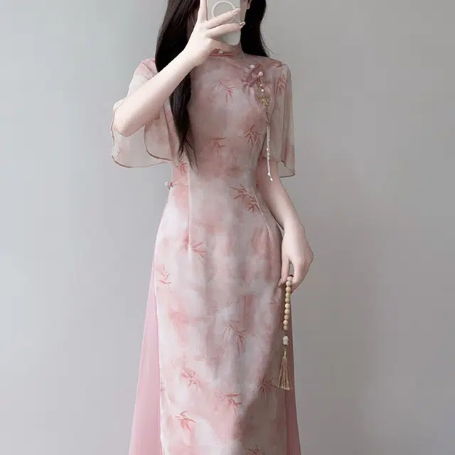 果瑱 优雅气质改良旗袍小清新初恋新中式改良奥黛旗袍年轻款少女雪纺日常超仙设计感减龄可爱惊艳绝美修身收腰舒适短袖连衣裙 女款