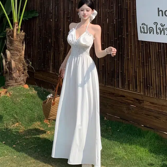 果瑱 韩版设计感拼接蕾丝收腰法式复古优雅气质修身性感吊带连衣裙 女款