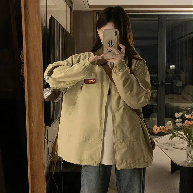 果瑱 美式高街复古撞色拉链翻领宽松百搭夹克外套 男女同款 杏色