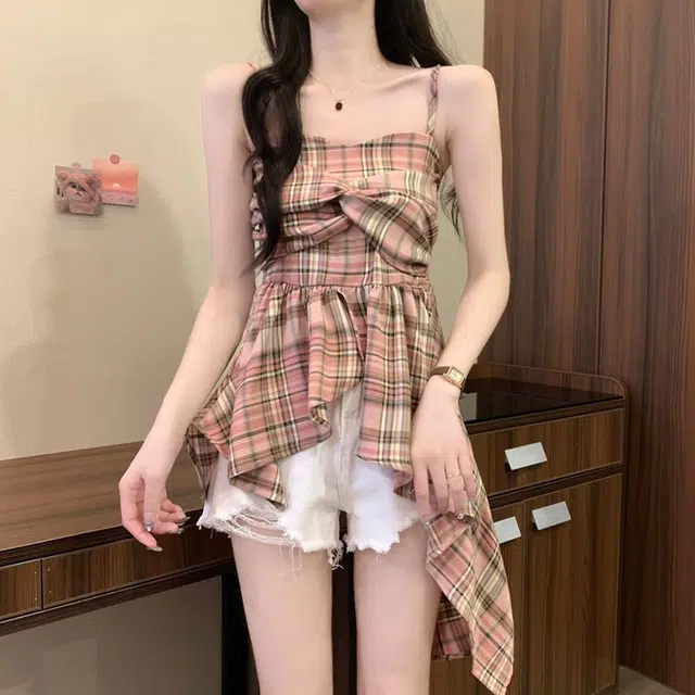 果瑱 百搭洋气不规则撞色格子可爱甜美简约日常通勤美式复古百搭时尚舒适气质优雅吊带连衣裙 女款