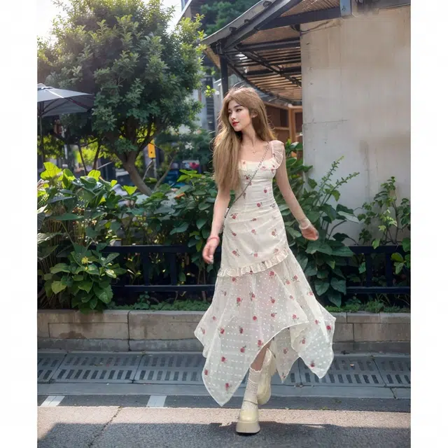果瑱 温柔收腰不规则设计碎花甜美初恋小个子夏日海边沙滩度假气质小香风超仙初恋茶歇收腰显瘦吊带连衣裙 女款