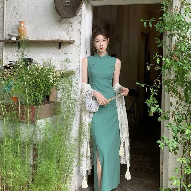 果瑱 新中式国风青丝民国风改良旗袍女夏复古千金风质感穿搭高级感性感辣妹穿搭长裙小众不撞款收腰显瘦海岛度假穿搭无袖连衣裙 女款